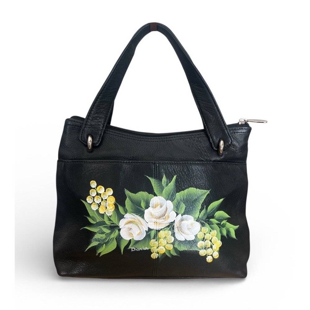 Rolfs Vintage Black Leather Tote Hand‎ Bag Purse Handpainted White Roses Flowers
